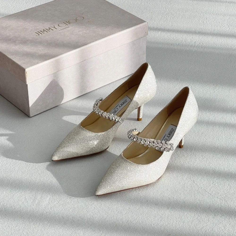 Jimmy Choo Silver Glitter Crystal-Strap Pointed Pumps